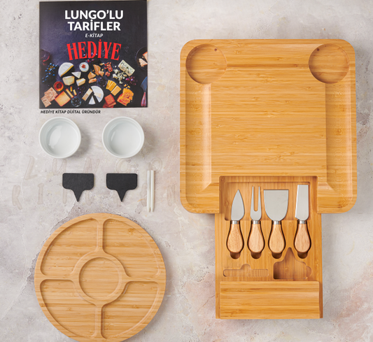 Doğal Bambu Kare Sunumluk+Yuvarlak Sunumluk+Peynir Bıçak Seti